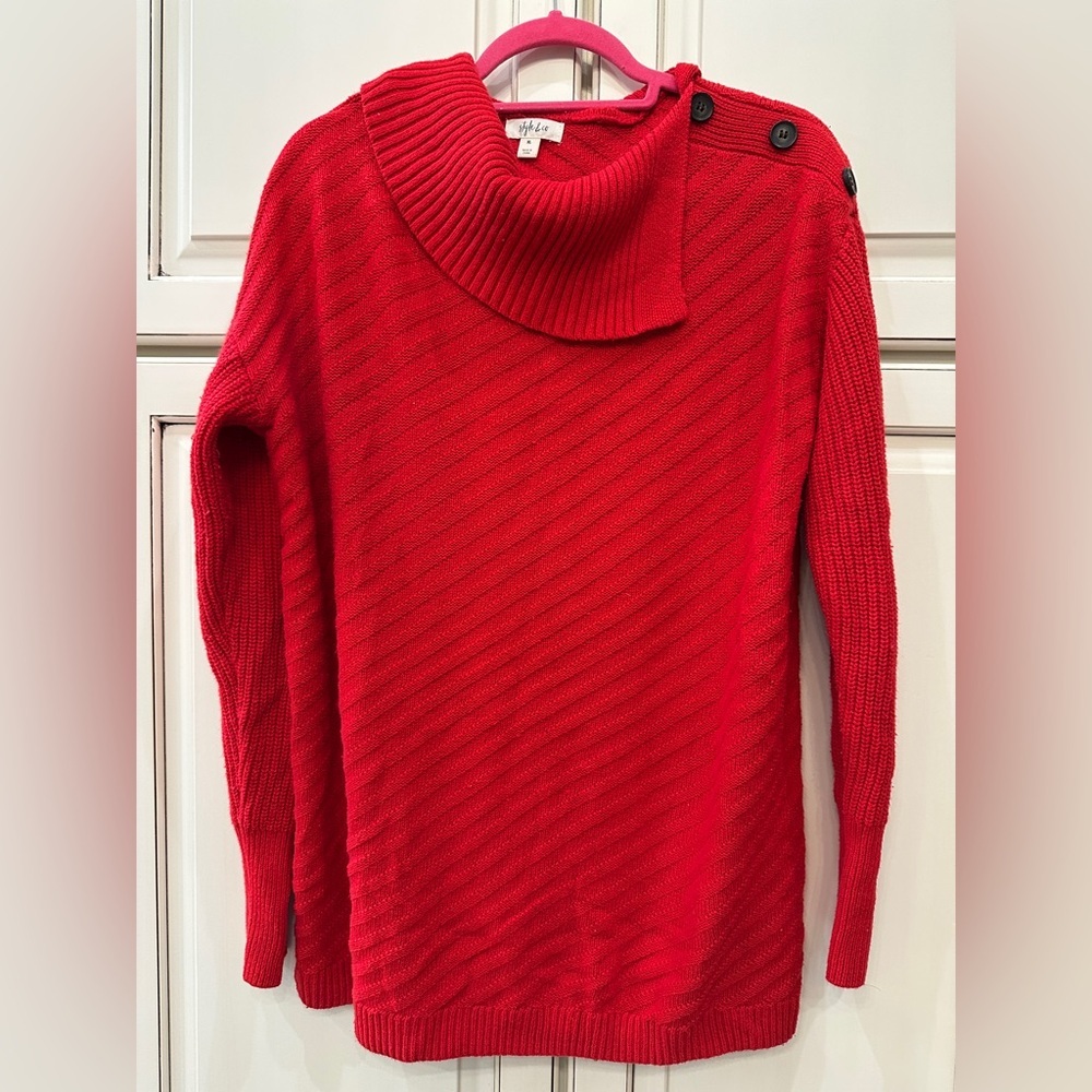 Red Cowl Neck‎ Button-Detail Sweater